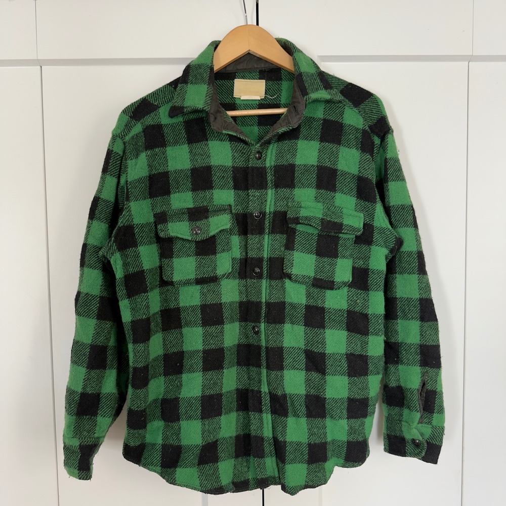 Vintage 60s Mens Large Melton Shirt Green Black Buffalo Plaid Wool Flannel
